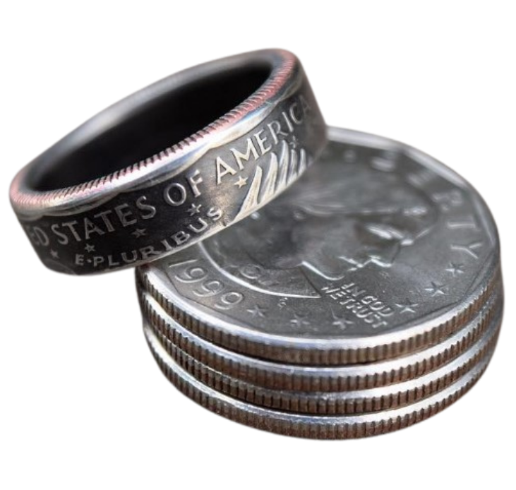 Susan B. Anthony ring with 'United States of America' on outer edge of ring on top of a stack of coins. - Mountainstruck Coin Jewelry