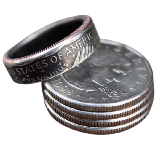 Susan B. Anthony ring with 'United States of America' on outer edge of ring on top of a stack of coins. - Mountainstruck Coin Jewelry