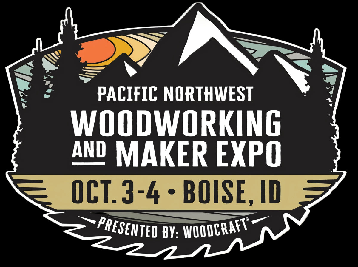 Promotional graphic for the Pacific Northwest Woodworking and Maker Expo, featuring a mountain and pine tree emblem with the text 'PACIFIC NORTHWEST WOODWORKING AND MAKER EXPO', dates 'OCT. 3-4 • BOISE, ID', and 'PRESENTED BY: WOODCRAFT' - Mountainstruck Coin Jewelry 