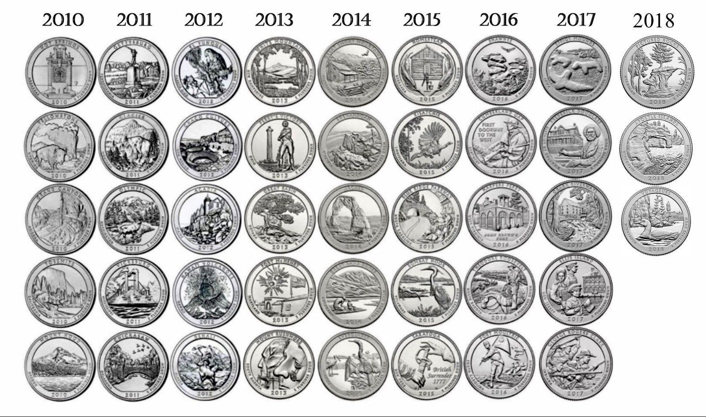 A chart showing the front designs of the 2010 to 2018 National Park Service America The Beautiful National Park Quarters, arranged in a grid with years above each coin on a white background.
Source: https://printable.rjuuc.edu.np/en/printable-national-park-quarters.html
-Mountainstruck Coin Jewelry