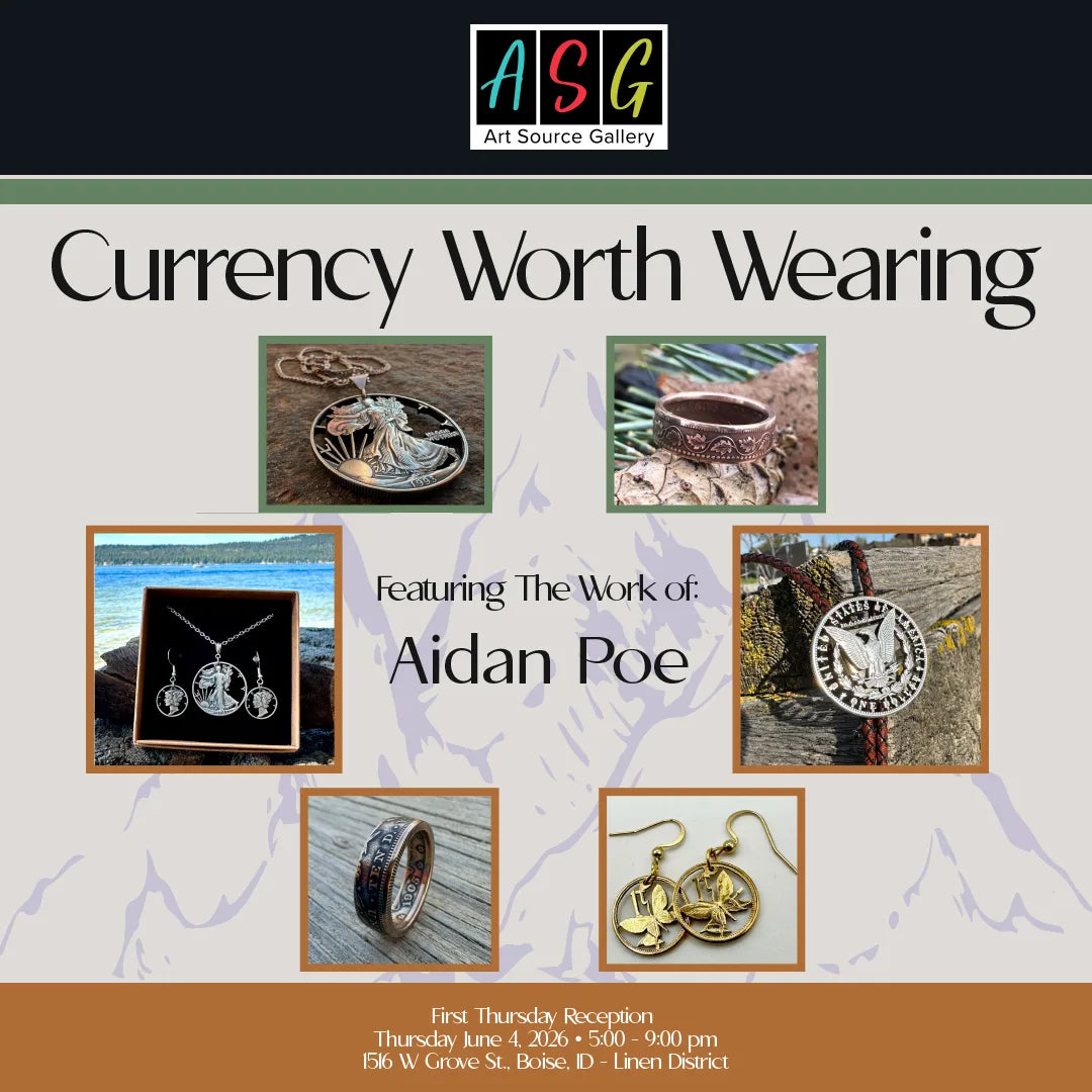 'Currency Worth Wearing' "featuring jewelry by Aidan Poe", coin jewelry photos with Art Source Gallery logo at top. - Mountainstruck Coin Jewelry
