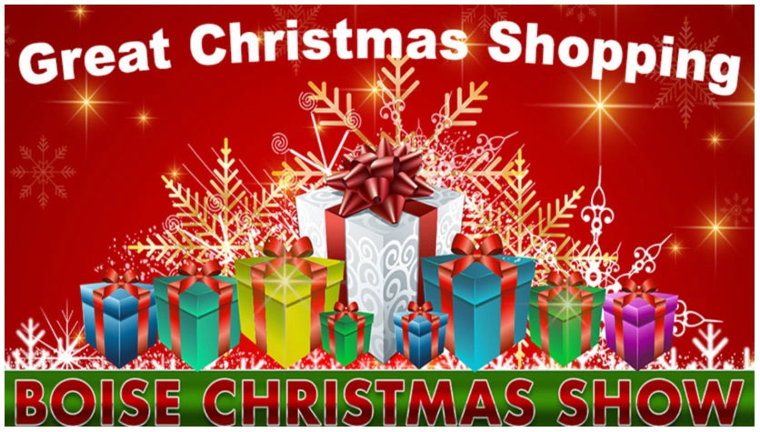 Promotional for the Boise Christmas Show with presents and text on a red background. - Mountainstruck Coin Jewelry