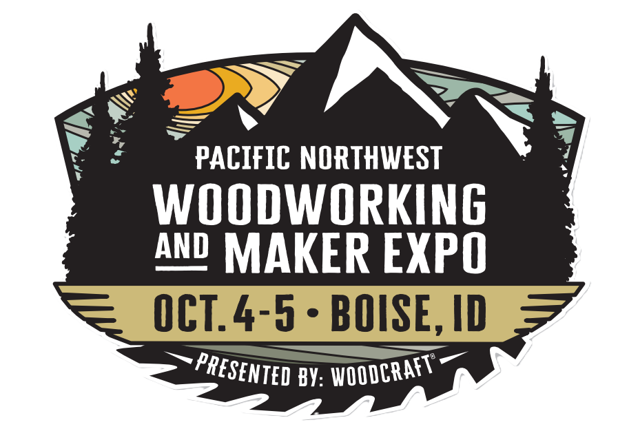 Logo for Pacific Northwest Woodworking and Maker Expo with mountain and tree design. - Mountainstruck Coin Jewelry