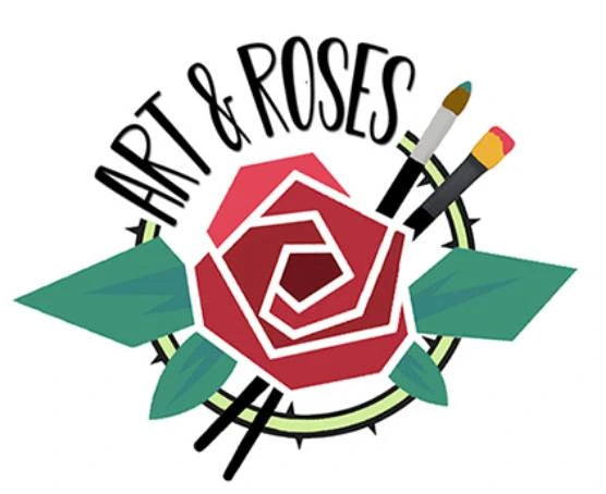 White backgrounded logo with a red rose, green leaves, & paintbrushes with the text 'Art & Roses'. - Mountainstruck Coin Jewelry