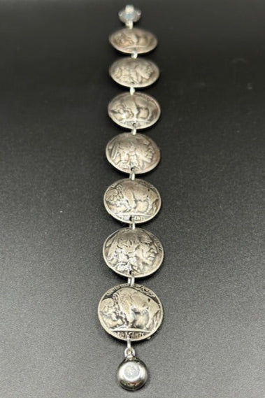 U.S. Buffalo Nickel Domed Coin Bracelet laid straight on a black background. - Mountainstruck Coin Jewelry