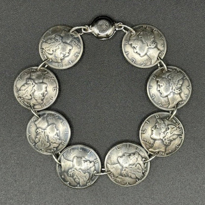 U.S. Mercury Dime Silver Coin Bracelet on a black background. - Mountainstruck Coin Jewelry