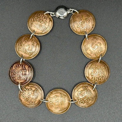 U.S. Wheat Penny Domed Coin Bracelet on a black background. - Mountainstruck Coin Jewelry