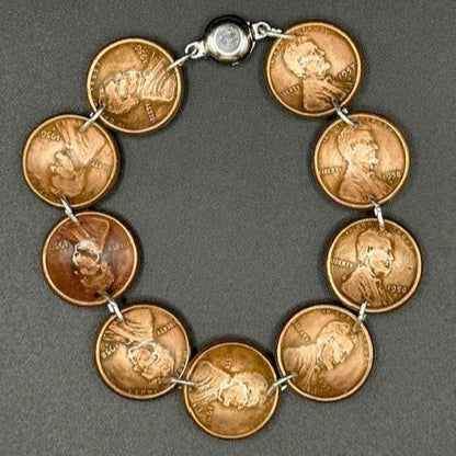 U.S. Wheat Penny Domed Coin Bracelet back on a black background. - Mountainstruck Coin Jewelry