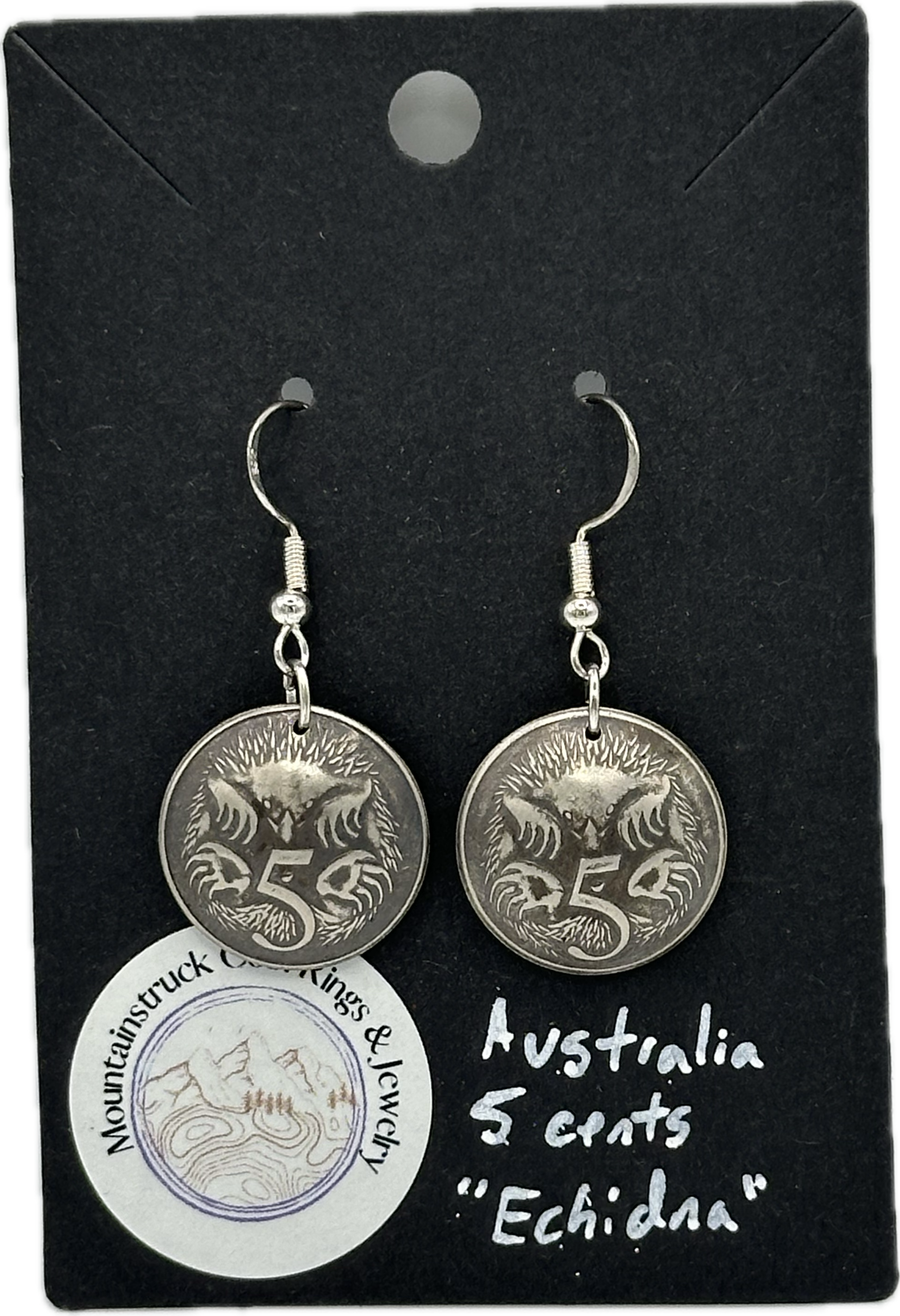 Echidna Australia 5 Cent Domed Coin Earrings on a black background - Mountainstruck Coin Jewelry