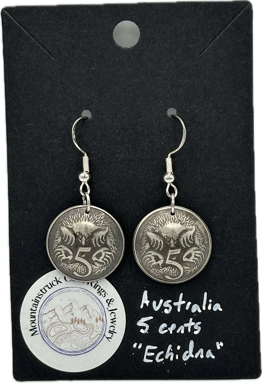 Echidna Australia 5 Cent Domed Coin Earrings on a black background - Mountainstruck Coin Jewelry