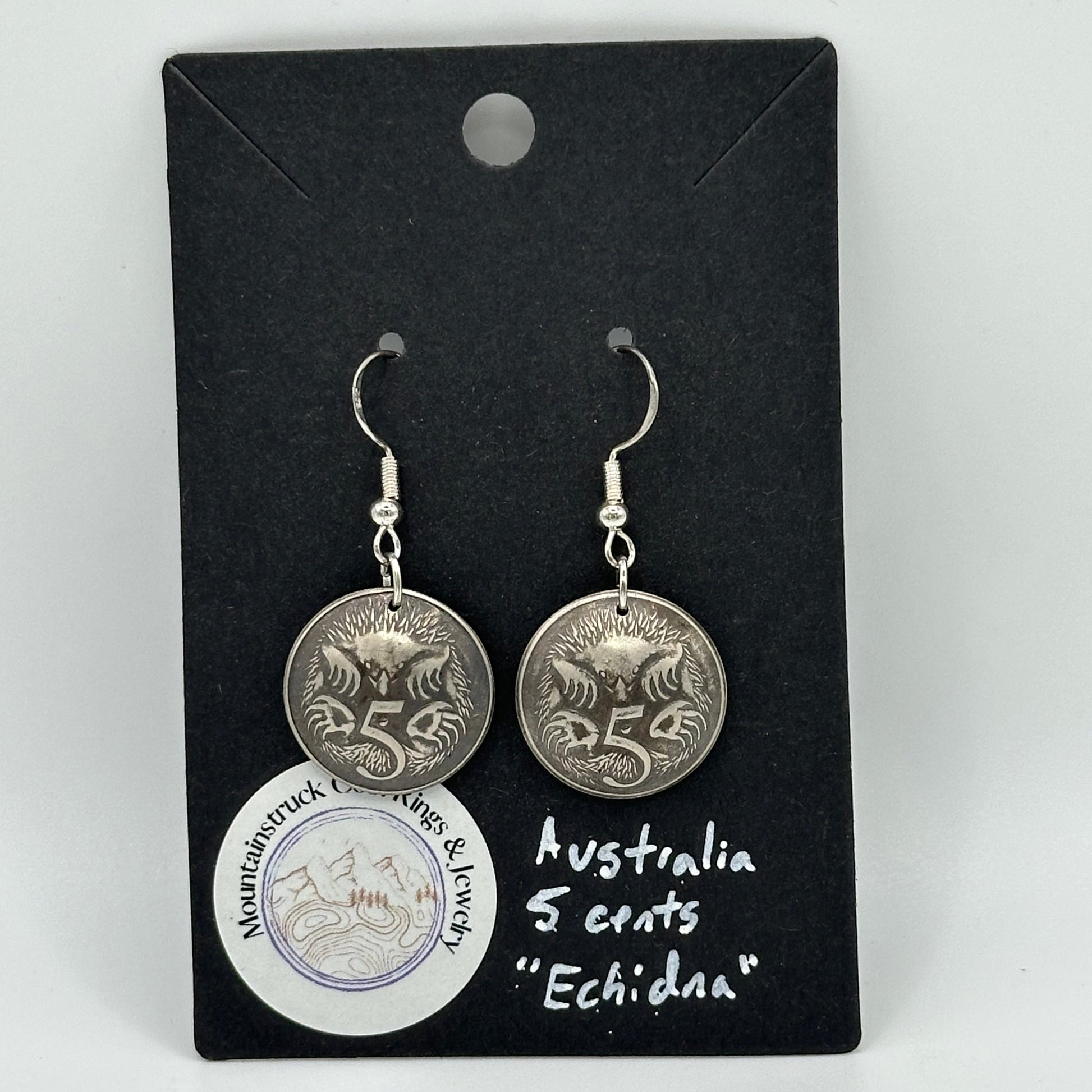 Australia Echidna 5 Cent Domed Coin Earrings on a black backing with a white background. - Mountainstruck Coin Jewelry