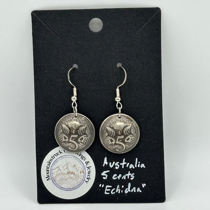 Australia Echidna 5 Cent Domed Coin Earrings on a black backing with a white background. - Mountainstruck Coin Jewelry