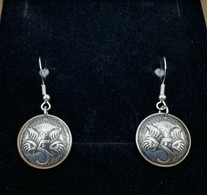 Australia Echidna 5 Cent Domed Coin Earrings in a brown kraft box on a black velvet background. - Mountainstruck Coin Jewelry