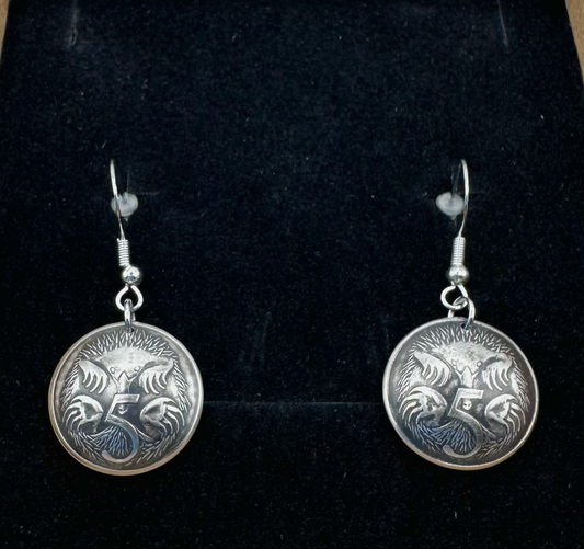 Australia Echidna 5 Cent Domed Coin Earrings in a brown kraft box on a black velvet background. - Mountainstruck Coin Jewelry