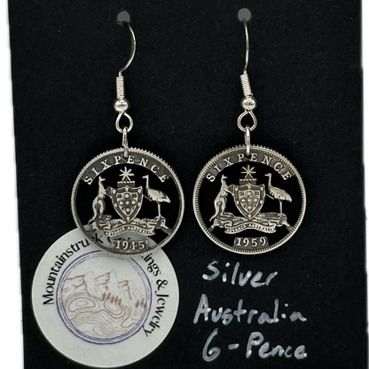Australia Emu & Kangaroo Hand Cut Silver Coin Earrings on a black background. - Mountainstruck Coin Jewelry