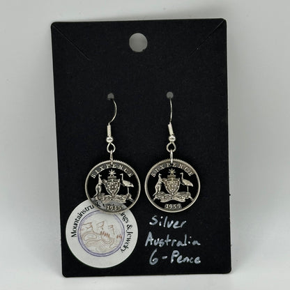 Australia Emu and Kangaroo Silver 6 Pence hand cut coin earrings on a black background -Mountainstruck Coin Jewelry