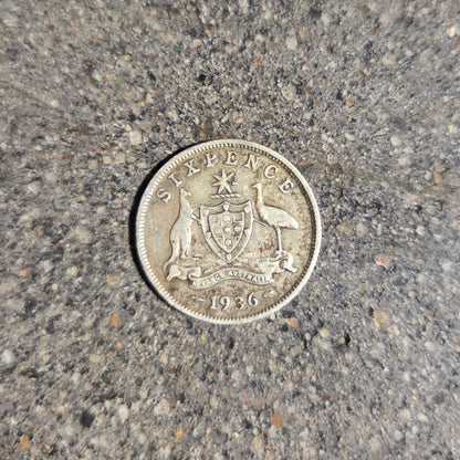 Australia emu kangaroo 6 pence silver coin on concrete background- Mountainstruck Coin Jewelry