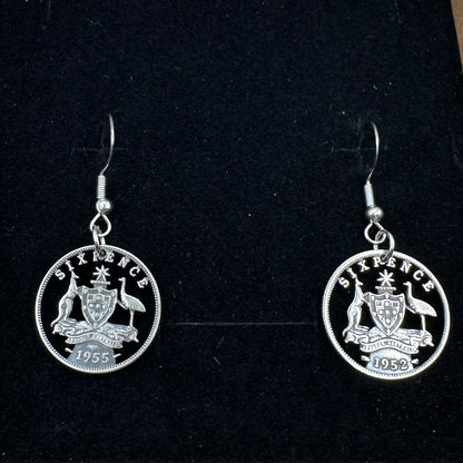 Australia Emu & Kangaroo Hand Cut Silver Coin Earrings on a black velvet background. - Mountainstruck Coin Jewelry