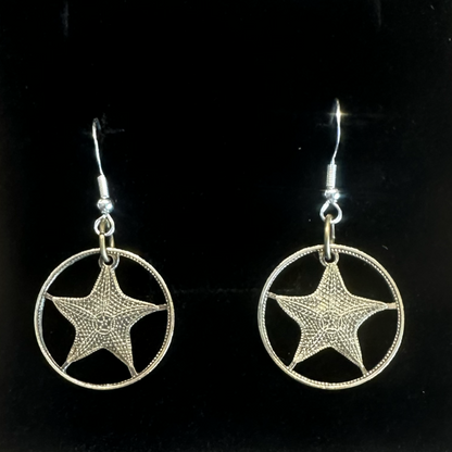 Bahamas Starfish Hand Cut Coin Earrings on a black velvet background. - Mountainstruck Coin Jewelry