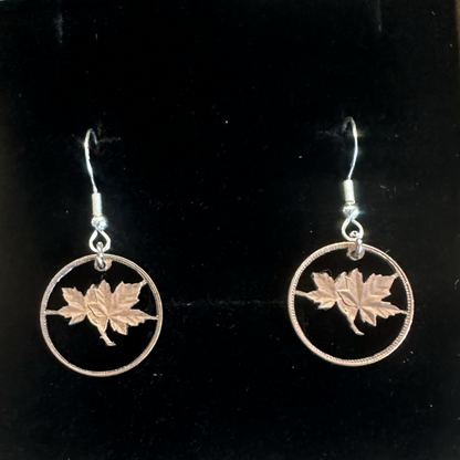 Canada Maple Leaf Hand Cut Coin Earrings on black velvet background. - Mountainstruck Coin Jewelry