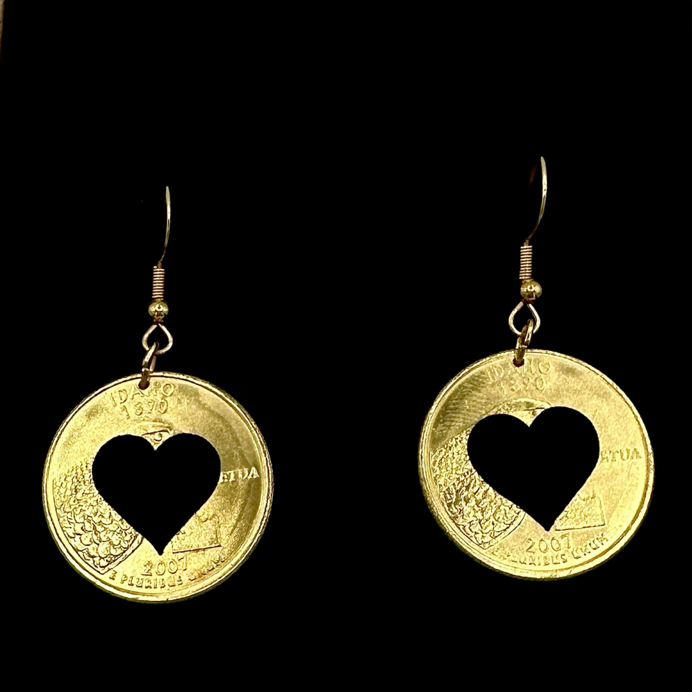 U.S. Idaho Quarter Hand Cut Heart Coin Earrings 24k Gold Plated - Mountainstruck Coin Jewelry