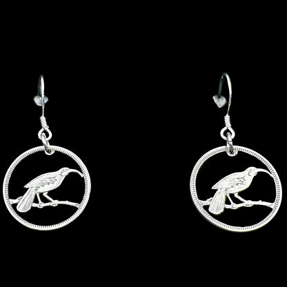 New Zealand Huia Bird 6 Pence Silver Hand Cut Coin Earrings on a black velvet background. - Mountainstruck Coin Jewelry