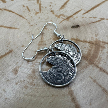 New Zealand Tuatara 5 Cents Hand Cut Coin Earrings on wood background. - Mountainstruck Coin Jewelry