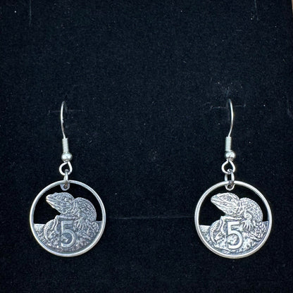 New Zealand Tuatara 5 Cents Hand Cut Coin Earrings on black velvet background. - Mountainstruck Coin Jewelry