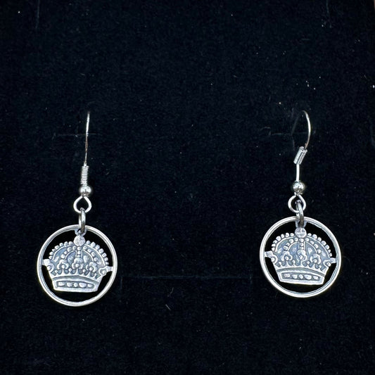 Sweden Crown 10 Ore Hand Cut Silver Coin Earrings on a black velvet background. - Mountainstruck Coin Jewelry