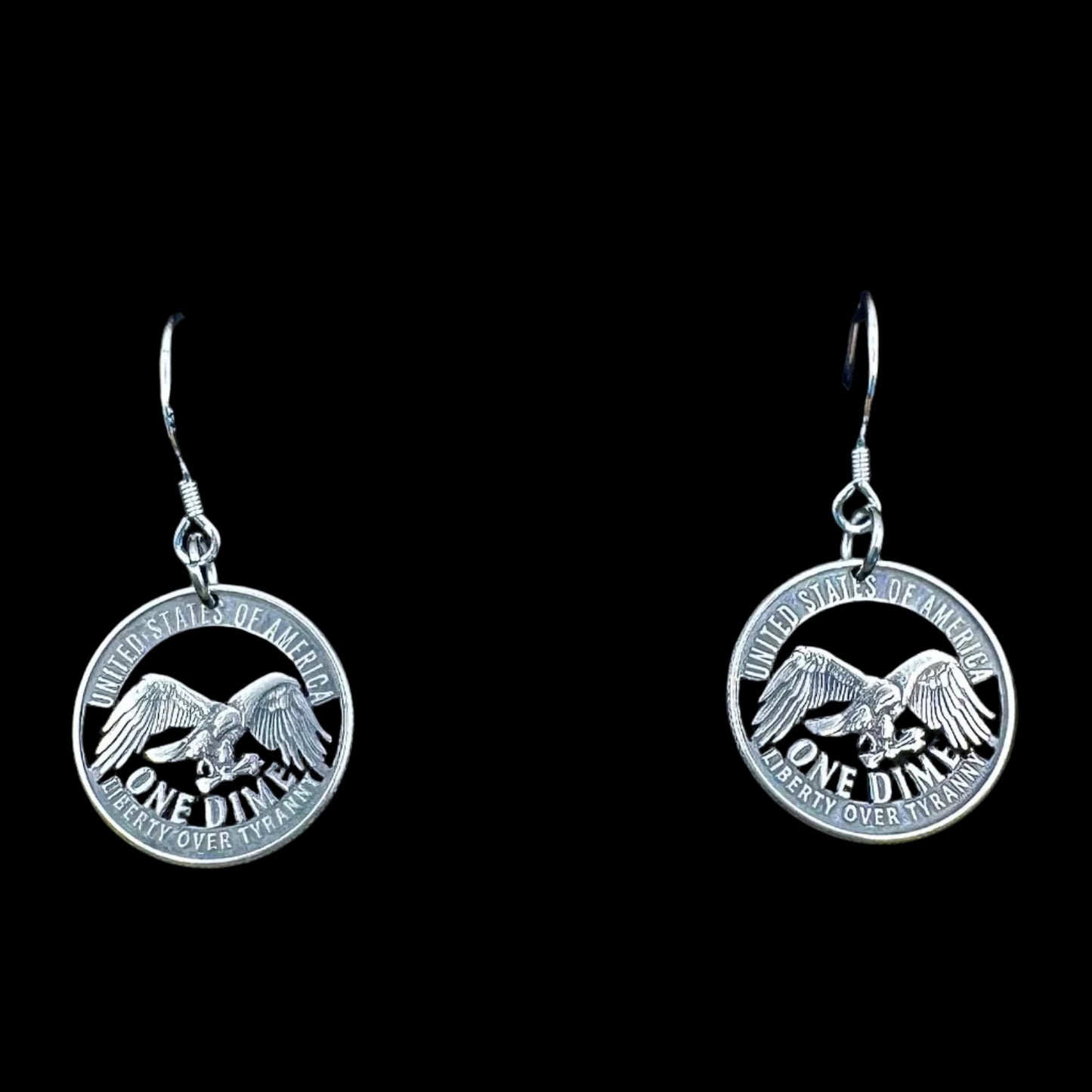 U.S. 2026 "Liberty over Tyranny" Dime Hand Cut Coin Earrings on a black background. -Mountainstruck Coin Jewelry