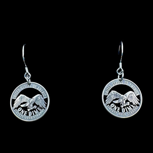 U.S. 2026 "Liberty over Tyranny" Dime Hand Cut Coin Earrings on a black background. -Mountainstruck Coin Jewelry
