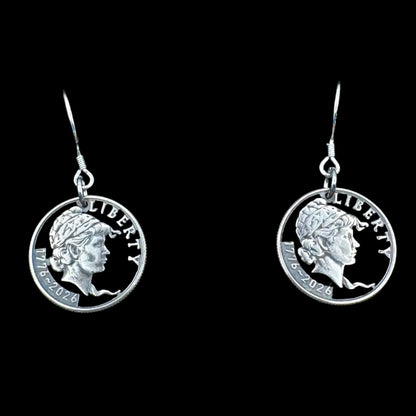 U.S. 2026 "Lady Liberty" Dime Hand Cut Coin Earrings on a black background. -Mountainstruck Coin Jewelry