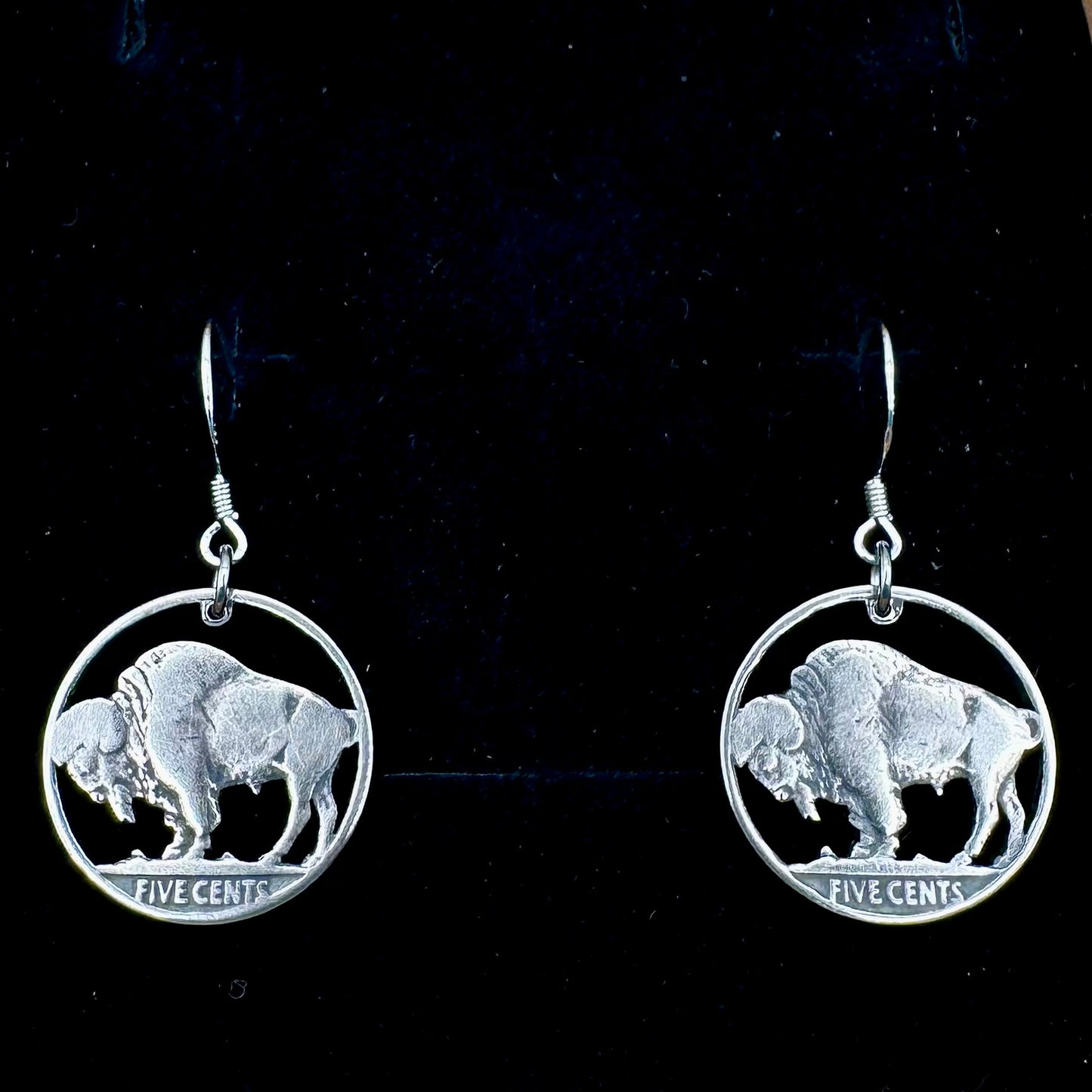 U.S. Buffalo Nickel Coin Earrings on a black velvet background. - Mountainstruck Coin Jewelry