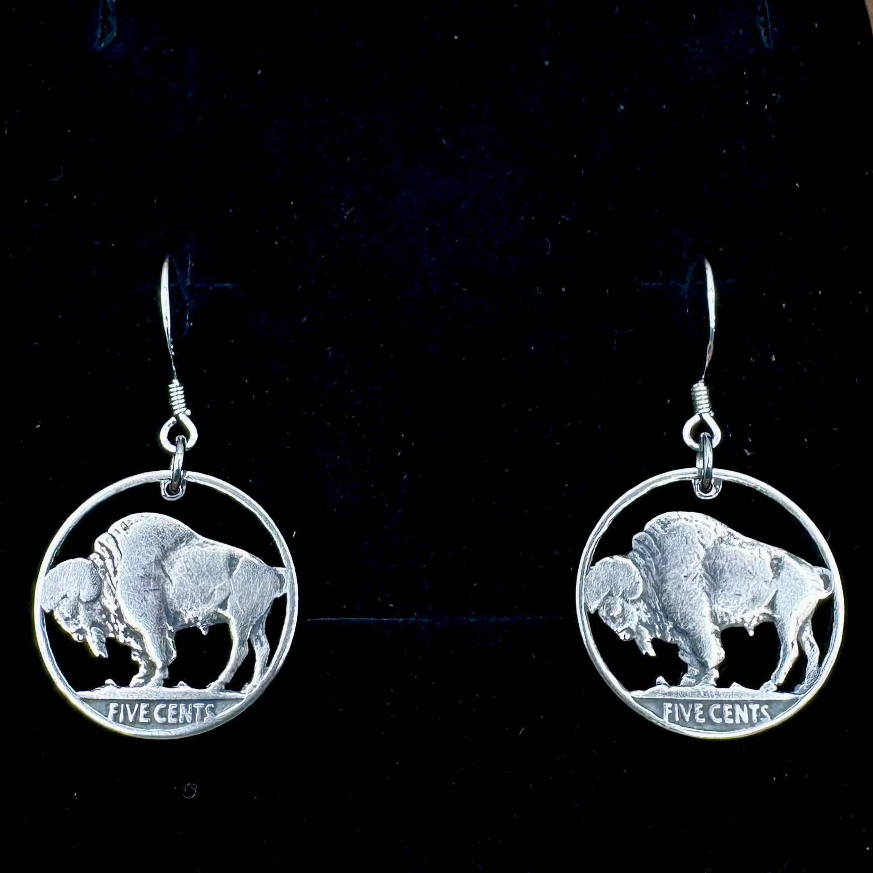 U.S. Buffalo Nickel Coin Earrings on a black velvet background. - Mountainstruck Coin Jewelry