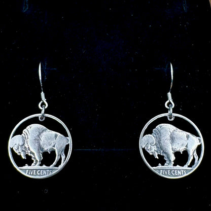 U.S. Buffalo Nickel Coin Earrings on a black velvet background. - Mountainstruck Coin Jewelry