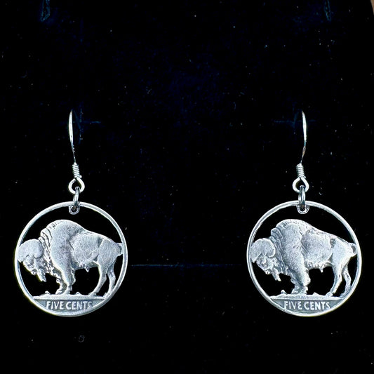 U.S. Buffalo Nickel Coin Earrings on a black velvet background. - Mountainstruck Coin Jewelry