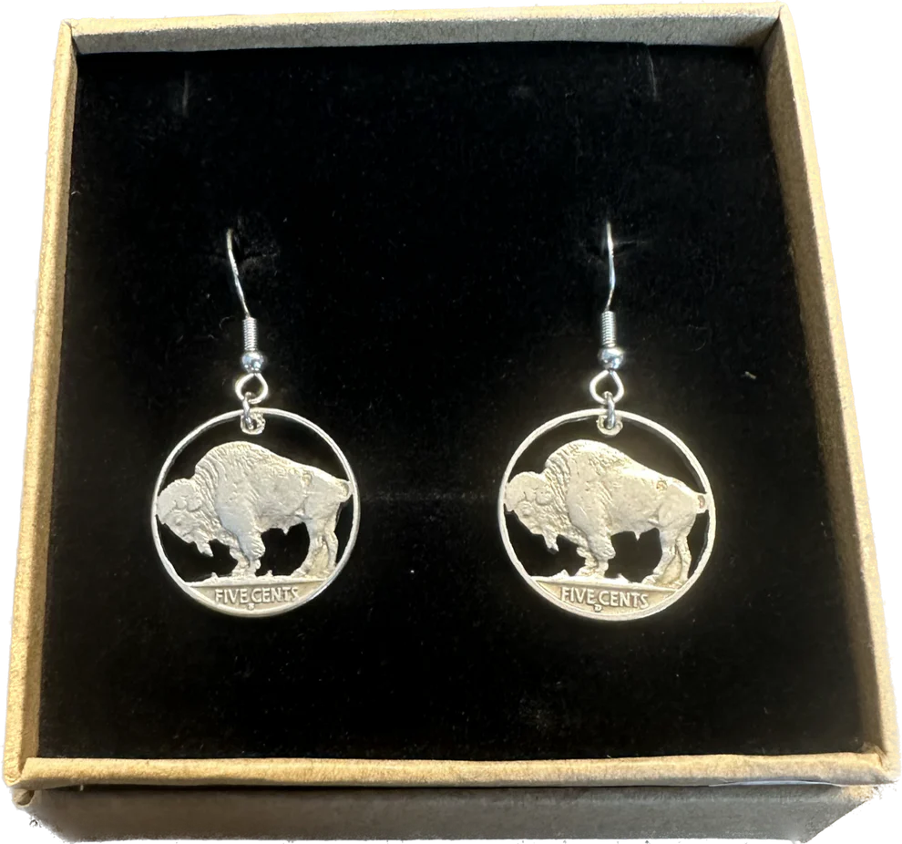 U.S. Buffalo Nickel Coin Earrings on a black velvet background in a brown kraft box. - Mountainstruck Coin Jewelry