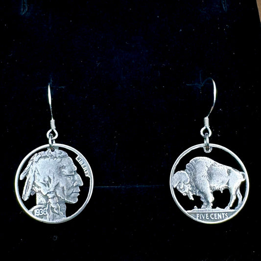 U.S. Buffalo Nickel Hand Cut Coin Earrings (combo) with sterling silver earring hooks on a black velvet background. - Mountainstruck Coin Jewelry