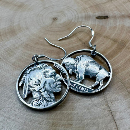 U.S. Buffalo Nickel Hand Cut Coin Earrings (combo) with sterling silver earring hooks on a wood background. - Mountainstruck Coin Jewelry