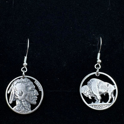 U.S. Buffalo Nickel Hand Cut Coin Earrings (combo) with sterling silver earring hooks on a black velvet background. - Mountainstruck Coin Jewelry