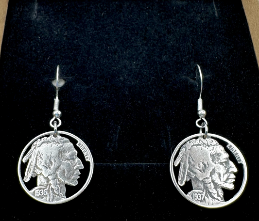 U.S. Buffalo Nickel Hand Cut Coin Earrings (Front) on black velvet background. - Mountainstruck Coin Jewelry