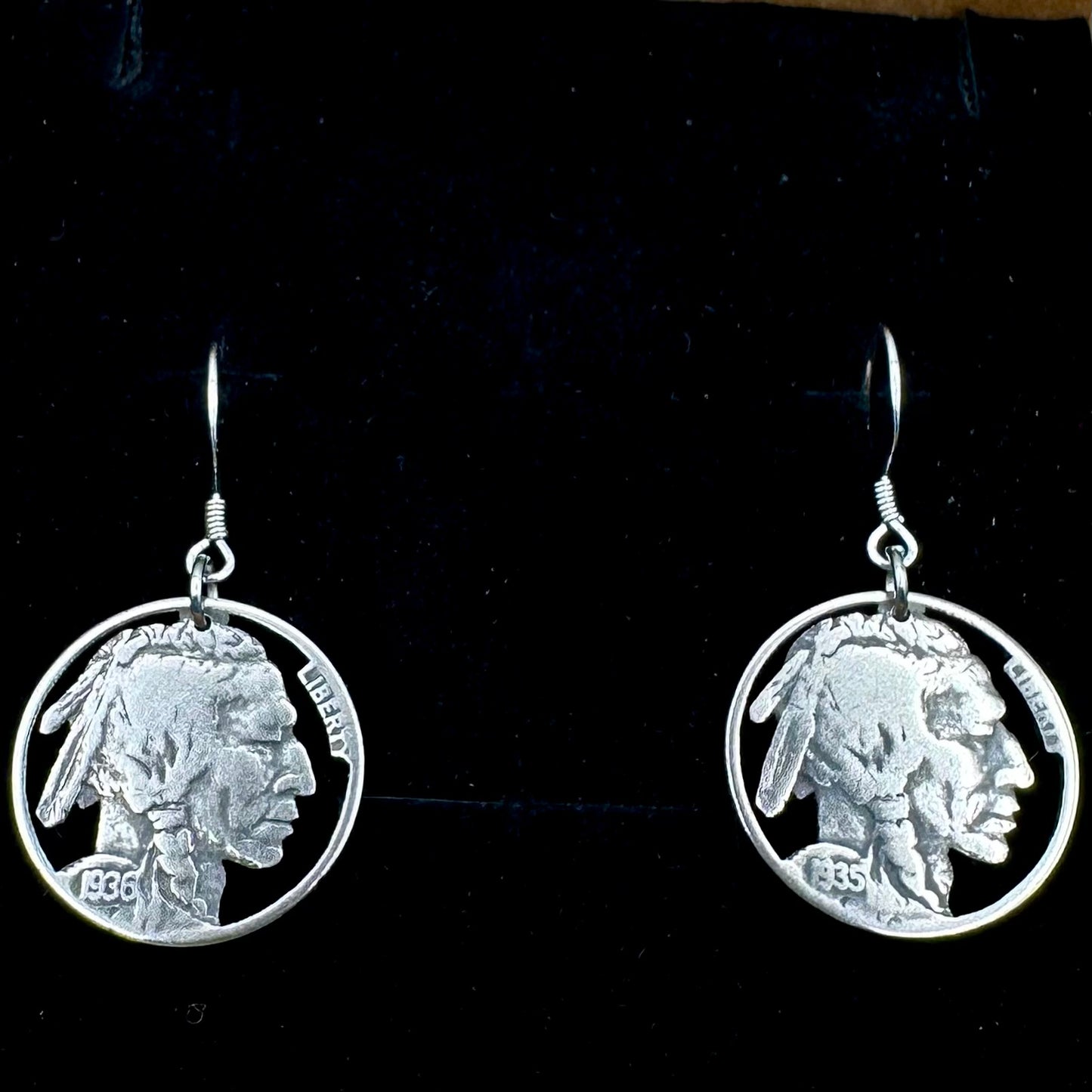 U.S. Buffalo Nickel Hand Cut Coin Earrings (Front) on black velvet background. - Mountainstruck Coin Jewelry