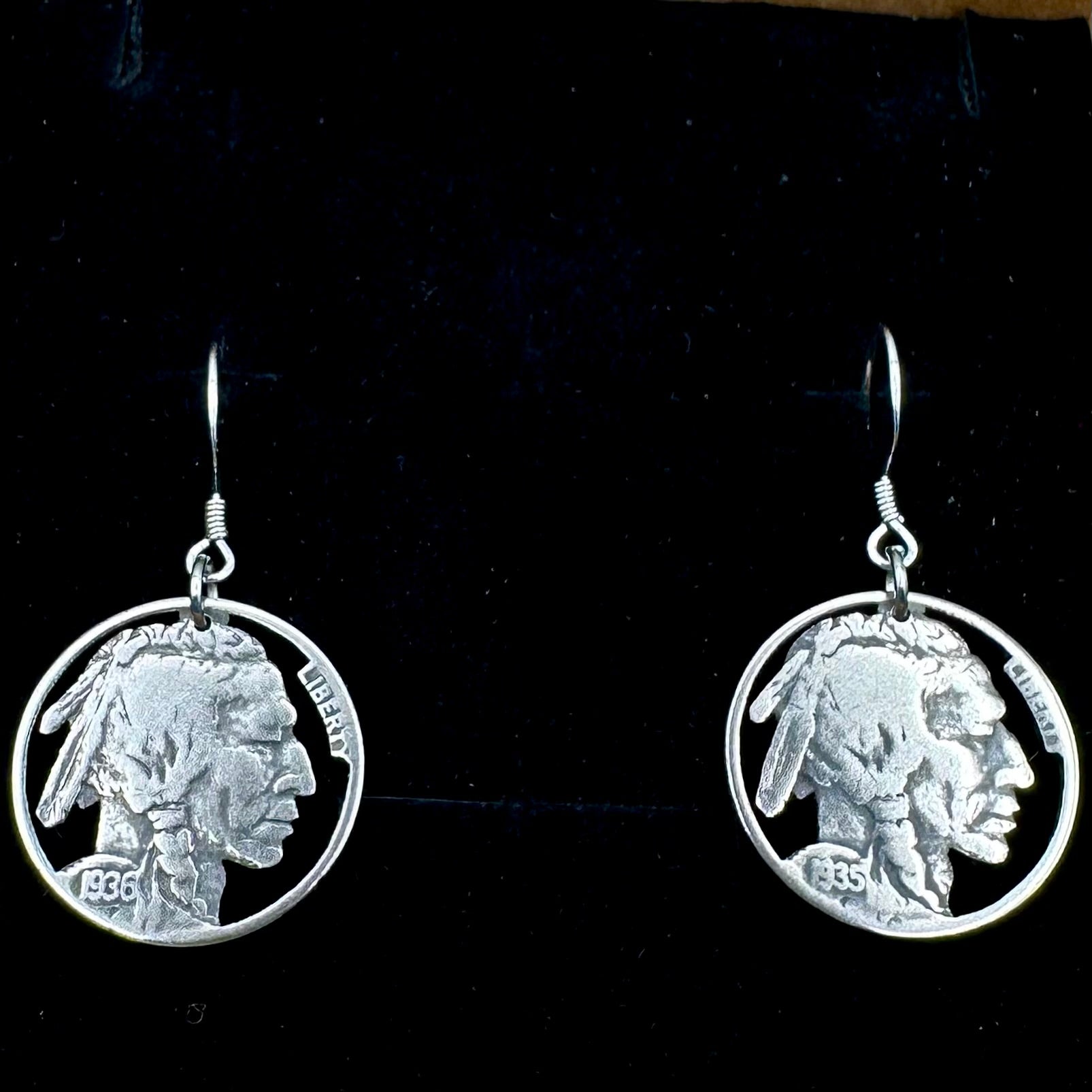 U.S. Buffalo Nickel Hand Cut Coin Earrings (Front) on black velvet background. - Mountainstruck Coin Jewelry