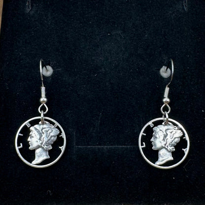 U.S. Mercury Dime Hand Cut Silver Coin Earrings on a black velvet background. - Mountainstruck Coin Jewelry