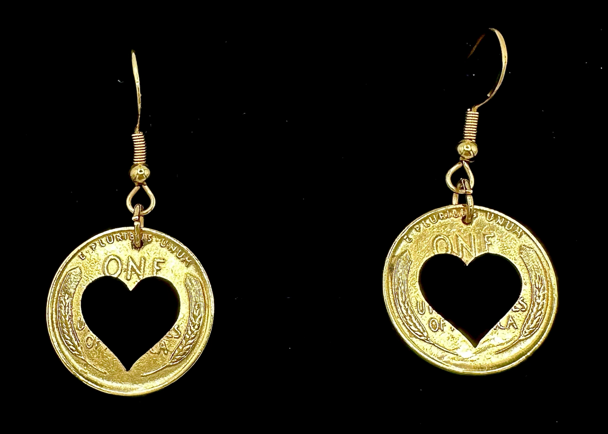 U.S. Wheat Penny Heart Hand Cut Coin Earrings gold plated- Mountainstruck Coin Jewelry