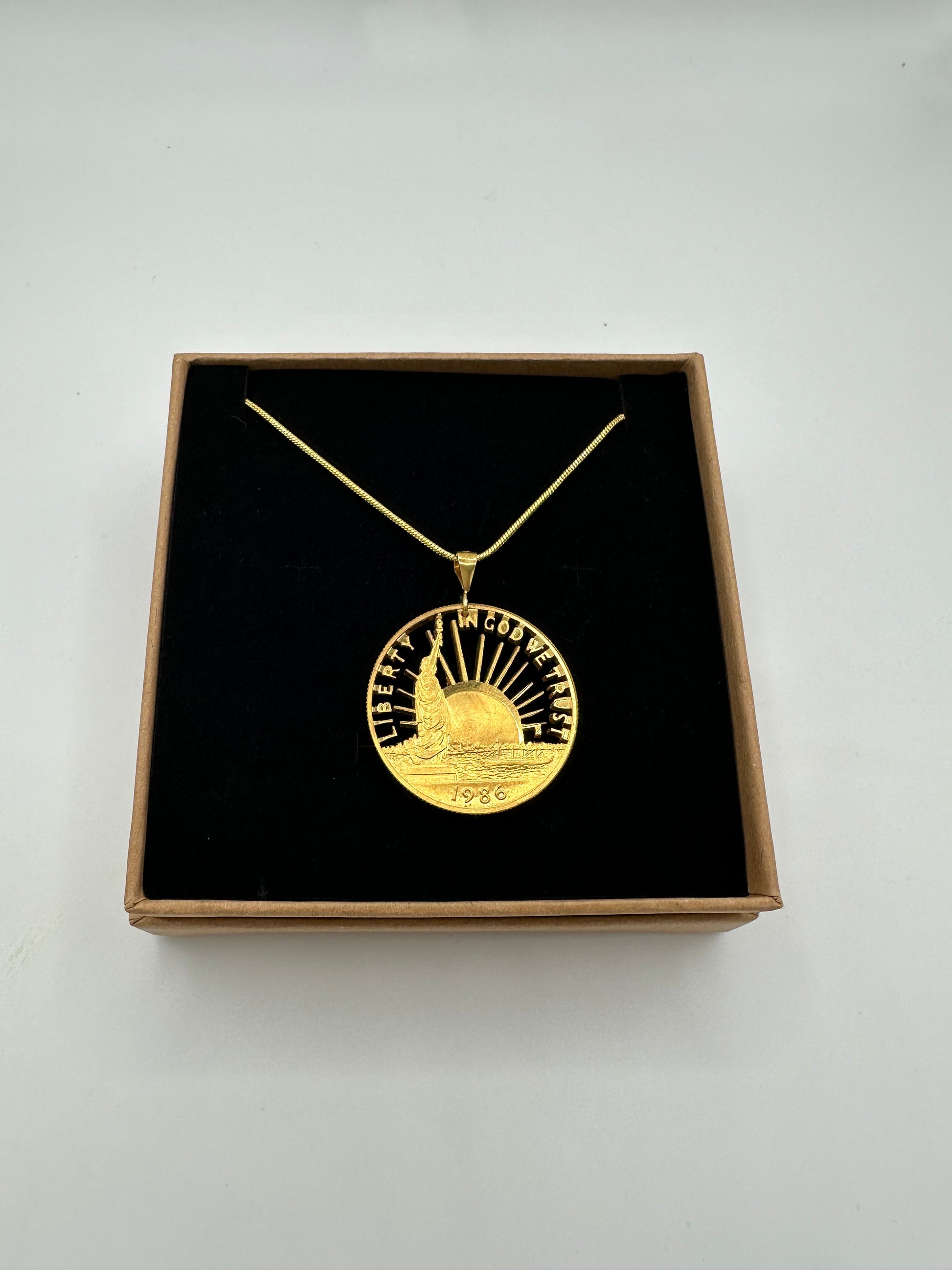 24k Plate U.S. Nation of Immigrants Half Dollar Hand Cut Coin Necklace- Mountainstruck Coin Jewelry
