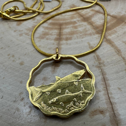 Bahamas 10 Cents Fish Hand Cut Coin Necklace 24k gold plate on wood background. - Mountainstruck Coin Jewelry