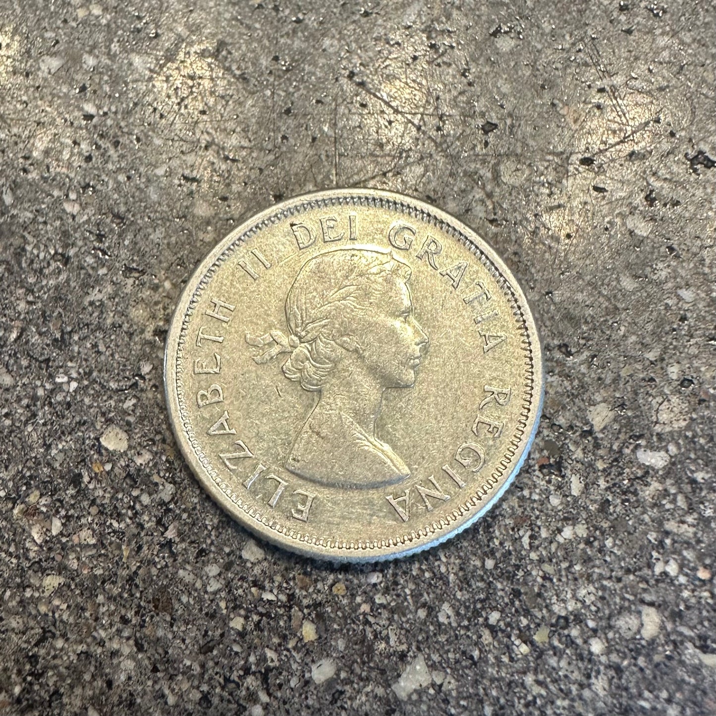 Caribou Canada Silver 25 Cent Coin front on a concrete background. - Mountainstruck Coin Jewelry