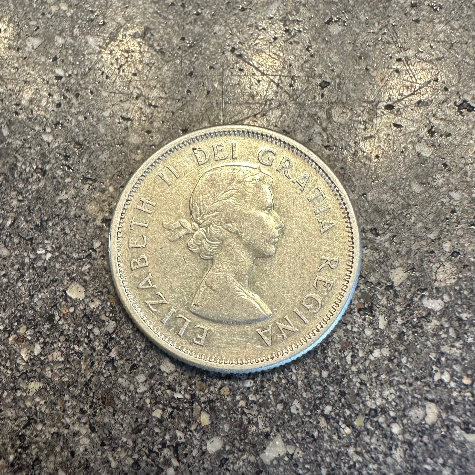 Caribou Canada Silver 25 Cent Coin front on a concrete background. - Mountainstruck Coin Jewelry