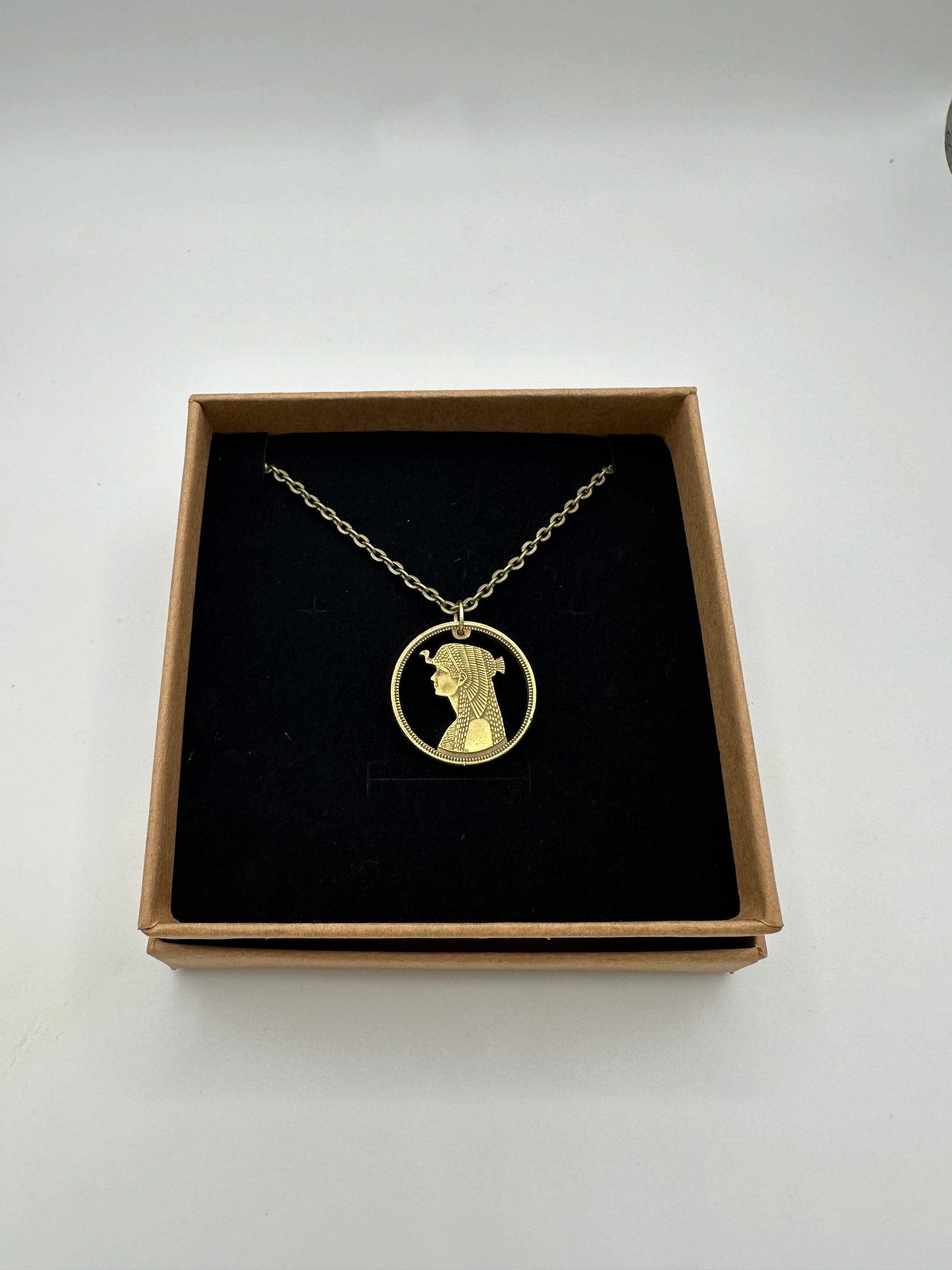 Egypt Cleopatra 50 Qirsh/Piastres Hand Cut Coin Necklace - Mountainstruck Coin Jewelry